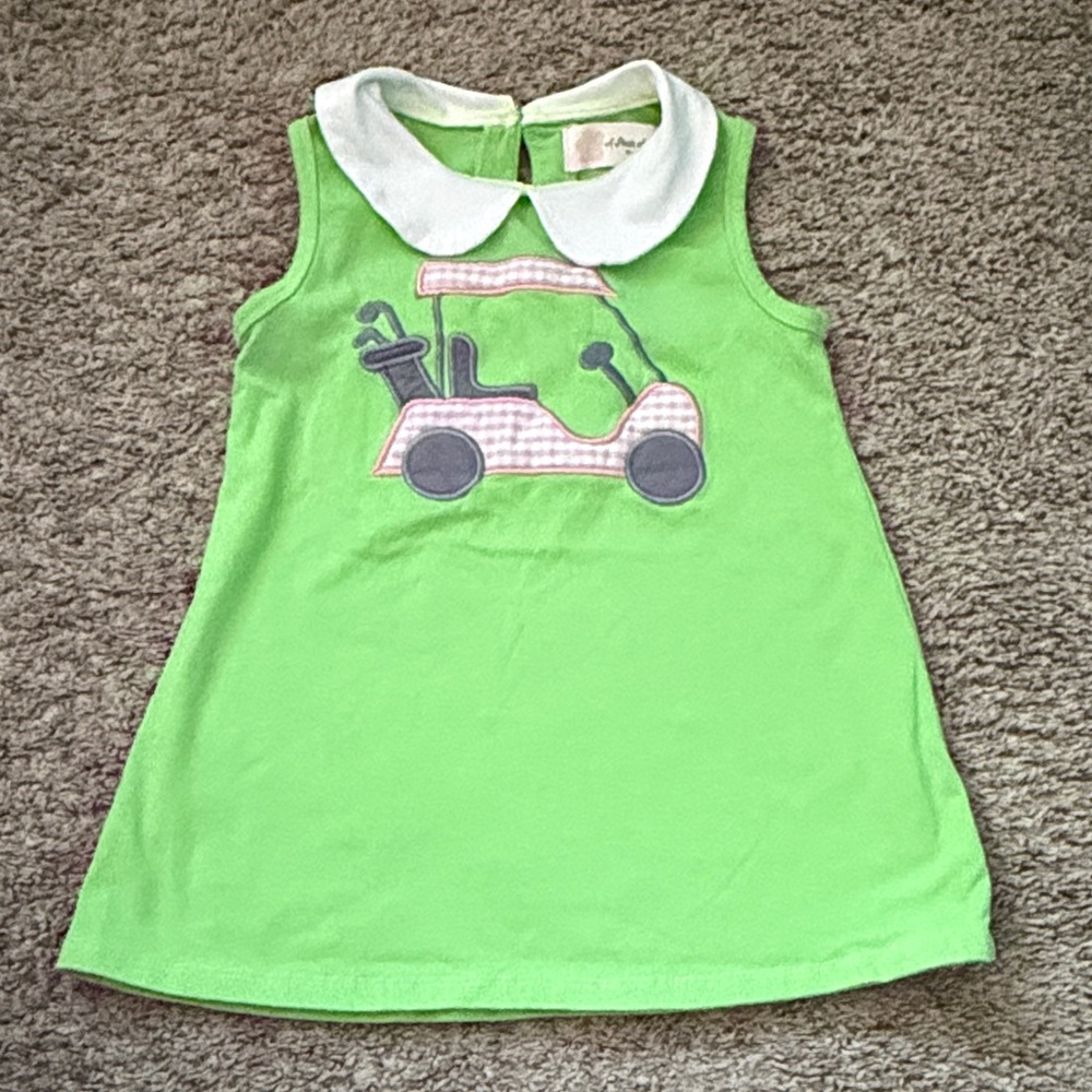 Green Sleeveless Dress with pink gingham Golf Cart Design 18-24 month